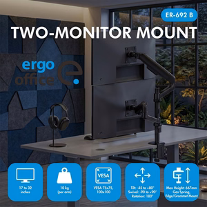 Ergo Office ER-692 B – kahden näytön kaasujousivarsi 17–32 tuuman näytöille, 1–10 kg vartta kohti, mattamusta