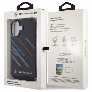 BMW Motosport IML Random Stripes Suojakuori iPhone 16 Plus:lle - musta