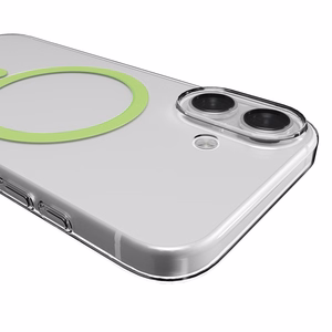 Puro Lite Mag TPU+PC suojakuori MagSafe-yhteensopiva iPhone 17:lle - läpinäkyvä vihreällä renkaalla