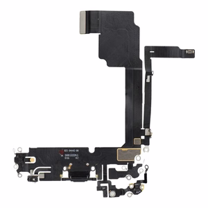 Original charging-port flex cable removed from a donor device for iPhone 15 Pro Max – black