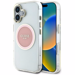 Guess IML Metal Colored Circle Classic Logo MagSafe Suojakuori iPhone 16:lle - vaaleanpunainen