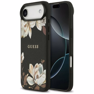 Guess Grained Flowers Classic Logo MagSafe Suojakuori iPhone Air:lle musta