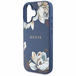 Guess suojakuori iPhone 16:lle MagSafe-tuella GUHMP16SPGNMPLMB (PU Grained Flowers Classic Logo) - sininen