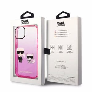 Karl Lagerfeld Gradient Ikonik Karl & Choupette Suojakuori iPhone 14 Pluslle - vaaleanpunainen