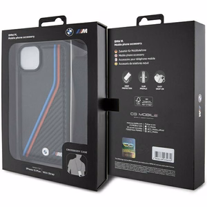 BMW M Edition Carbon Tricolor Lines & Hihna Suojakuori iPhone 15 / 14 / 13:lle - musta