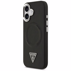Guess MagSafe PU Nahkainen Suojakuori Triangle Logo -logolla ja hopeisella metallikamerakehyksellä iPhone 17:lle - Musta