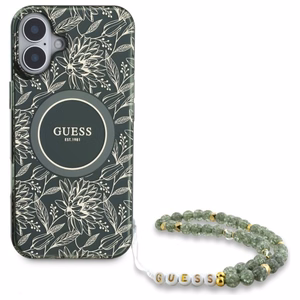 Guess IML Flowers Allover Electro With Pearl Hihna MagSafe Suojakuori iPhone 16:lle - vihreä