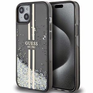 Guess Liquid Glitter Gold Stripes suojakuori iPhone 15 Plus / 14 Plus:lle - musta