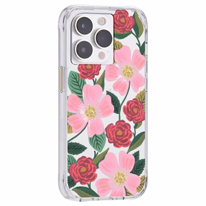 Rifle Paper Clear suojakuori iPhone 14 Pro -laitteelle, kullanvärisellä koristelulla, Rose Garden -kuvioinen
