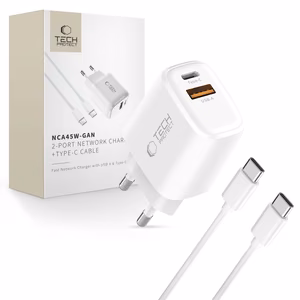 Tech-Protect NCA45W-GAN 2-Port 45W Seinälaturi USB-C-kaapelilla - Valkoinen