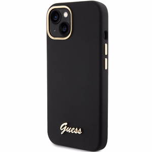 Guess Silikoninen Script Metal Logo & Frame Suojakuori iPhone 15:lle - musta