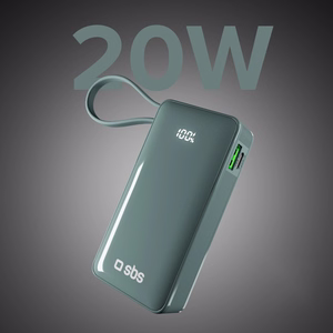 Powerbank SBS 10000 mAh 20W sisäänrakennetulla USB-C-kaapelilla ja digitaalisella näytöllä - harmaa