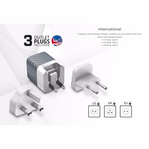 Energizer Ultimate A38QMU GaN-matkalaturi EU-, UK- ja US-pistokkeilla, USB-C + USB-A, 38 W PD + QC 3,0, hopeanvärinen