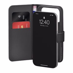 Puro Wallet Stand suojakuori iPhone 17 Pro Max:lle - ekotekonahkainen lompakko- ja jalustakuori, musta