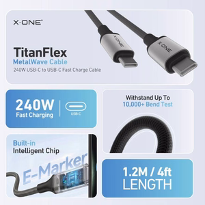 X-ONE TitanFlex -datakaapeli – C–C-tyyppinen – 5A, enintään 240W, 1,2 m, musta