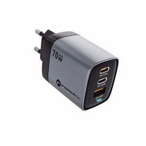 Puhelinlaturi Forcell F-Energy GaN III 2 x USB C + USB A QC4.0 3,45A PD 70W SAM SFC2.0 LCD-näytöllä VT-37 harmaa