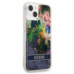 Guess GUHCP13SLFLSB iPhone 13 mini 5.4" sininen/sininen kovakotelo Kukka Nestemäinen glitteri