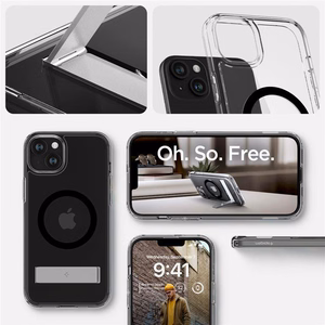 Spigen Ultra Hybrid S MagSafe Suojakuori jalustalla iPhone 15:lle - Musta