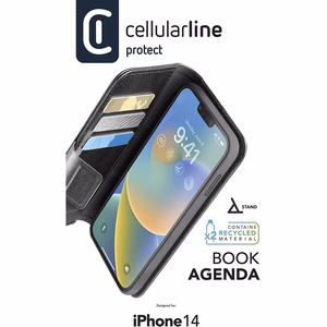 Cellularline Book Agenda -suojakuori iPhone 14 -laitteelle, materiaaliin integroidulla Microban-antibakteeriteknologialla, musta