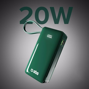 Powerbank SBS 10000 mAh 20W sisäänrakennetulla USB-C-kaapelilla ja digitaalisella näytöllä - vihreä