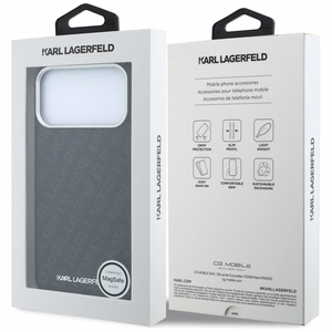 Karl Lagerfeld Grained Allover Logo Metal Elongated MagSafe -suojakuori iPhone 18 Pro / 17 Pro -malleille, musta