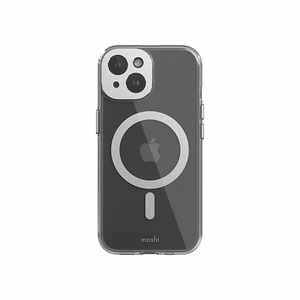 Moshi iGlaze MagSafe suojakuori iPhone 15 -laitteelle, läpinäkyvä Luna Silver -yksityiskohdilla