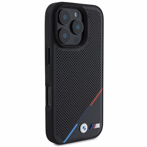 BMW M Perforated Tricolor Line MagSafe Suojakuori iPhone 16 Pro:lle - musta