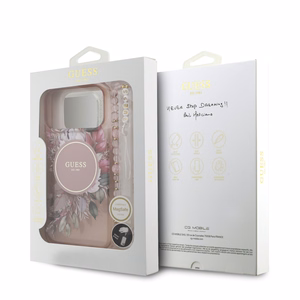 Guess IML Flowers Pearl Strap MagSafe -suojakuori iPhone 17 Pro Max - pinkki