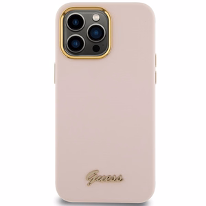 Guess Silikoninen Script Metal Logo & Frame Suojakuori iPhone 15 Pro Maxille - vaaleanpunainen