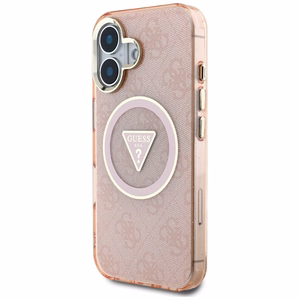 Guess IML Metal Glitter 4G Circle Triangle MagSafe Suojakuori iPhone 16:lle - Vaaleanpunainen