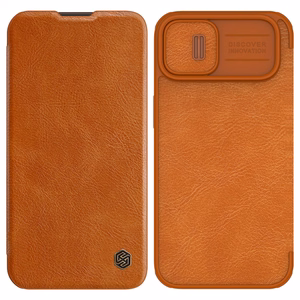 Nillkin Qin Nahka Pro Case iPhone 14 Plus kamera kansi Holster kansi Flip Case ruskea