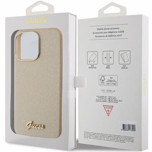 Guess Glitter Glossy Script suojakuori iPhone 15 Pro Max:lle - kultainen