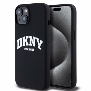 DKNY Liquid Silikoninen White Printed Logo MagSafe Suojakuori iPhone 15 Plus / 14 Plus:lle - musta