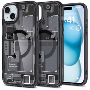 Spigen Ultra Hybrid Mag Suojakuori MagSafella iPhone 15 Plus:lle - Tummanharmaa (Zero One Pattern)