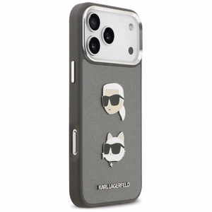 Karl Lagerfeld FW Grained Karl & Choupette Heads Pins & Logo -suojakuori iPhone 17 Pro Max - harmaa