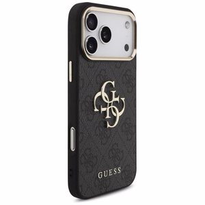 Guess PU Leather 4G Metal Logo Gold Frame -kuori Apple iPhone 18 Pro Max -puhelimelle, musta