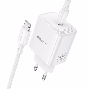 Borofone verkkolaturi BN33 Fuente GaN Type C - QC3.0 PD 40W ja Type C - Type C -kaapeli valkoinen