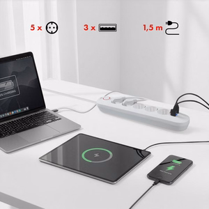 Maclean MCE395 W – power strip, 5 sockets + 3×USB, 110–240 V AC, 50/60 Hz, 2.1 A, up to 2500 W, 1.5 m, white