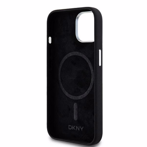 DKNY Liquid Silikoninen Small Metal Logo MagSafe Suojakuori iPhone 15 Plus / 14 Plus:lle - musta