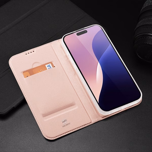 Dux Ducis Skin Pro Suojakuori iPhone 16 Pro Max:lle kansiosella ja korttilokerolla - vaaleanpunainen