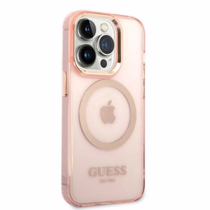 Guess GUHMP14LHTCMP iPhone 14 Pro 6.1 vaaleanpunainen/vaaleanpunainen kova suojakuori Gold Outline läpinäkyvä MagSafe