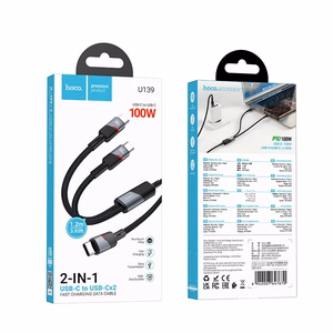 Kaapeli 2in1 USB-C - USB-C / USB-C Hoco 5A 100W 1,2 m U139 musta