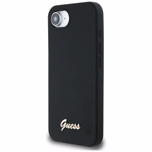 Guess HC Silikoninen Script Metal Logo Suojakuori iPhone 16e:lle - Musta