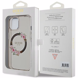 Guess IML Flowers Wreath MagSafe Suojakuori iPhone 15 / 14 / 13:lle - musta