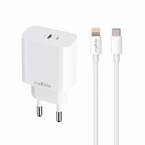 Maxlife MXTC-06-20C PD QC laturi 1x USB-C 20W valkoinen + USB-C - Lightning kaapeli 20W