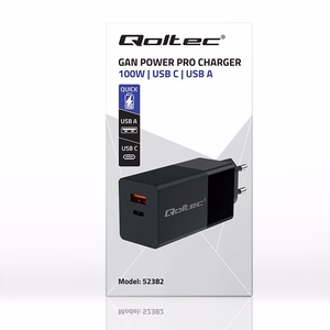 Qoltec 52382 GaN Power Pro Laturi 100W 1x USB-C 1x USB-A PD Musta
