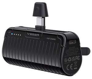 Ulkoinen akku Veger PlugOn (W0558) PD QC3.0 3A 20W 5000 mAh sisäänrakennetulla Type C -liittimellä musta