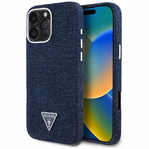 Guess Denim Triangle Logo MagSafe iPhone 16 Pro Case - Blue