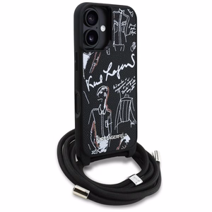 Karl Lagerfeld Suojakuori iPhone 16:lle KLHCP16SPGGRMPCK MagSafe-yhteensopiva (CRSSBY Grained PU W/ Pattern & Logo) - Musta