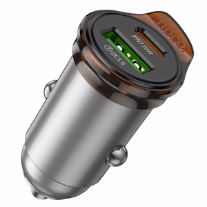 Autolaturi Hoco USB-A + USB-C QC3.0 PD 43W + USB-C - USB-C -kaapeli NZ16A metallinen harmaa